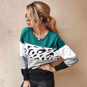 Höst Vinter Kvinnors Tröjor O-Neck Lösa Stickade Jumpers Långärmad Leopard Splice Sweater Oversize Ladies Pullover Toppar 210914