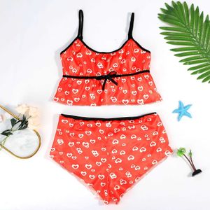 Mulheres Sexy Pijama Sets Strap Sem Mangas Cami Shorts Conjunto Coração Imprimir Sleepwear Verão Feminino Pijamas Night Wear Home Terno Q0706