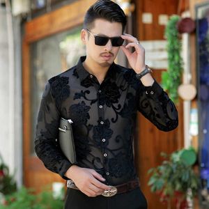 Spitze Blume Durchsichtig Hemd Männer Casual Slim Fit Langarm Sommer Sexy Nachtclub Prom Transparent Hemd Camisa Masculina 210527