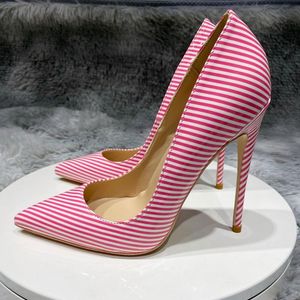 Klänning skor 12cm super höga klackar kvinnor pumpar röd och vit patent läder färg matchande pinstripe pekade eleganta sandalier