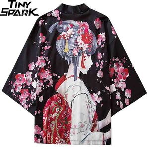 Harajuku Streetwear Kimono Jacket Japanese Geisha Cartoon Hip Hop Men Japan Style Summer Thin Clothing Loose 210811