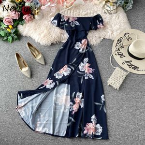 Neploe Bohemian Ruffles Kobiety Dress 2021 Lato Nowy Slash Neck Ramię Bez Ramiączek Sexy Floral Split Sukienki Kobiece 82117 Y0726