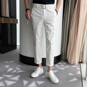 Fashion Metal Buckle Suit Pants Men Black White Formal Wedding Business Dress Pants Summer men Ankle Length Casual Slim Trousers 210527