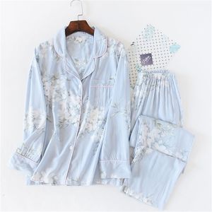 Japon tarzı bahar ve yaz kadın pijama pamuk ipek uzun kollu pantolon takım elbise çiçek baskı ev servisi 210809