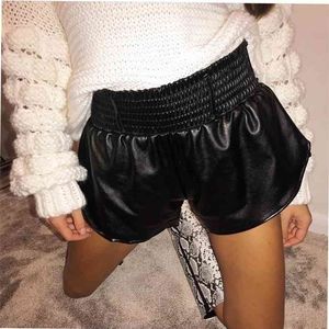 Svart faux läder biker shorts kvinnor elastisk hög midja bred ben mode höst casual damer sexig femme 210724