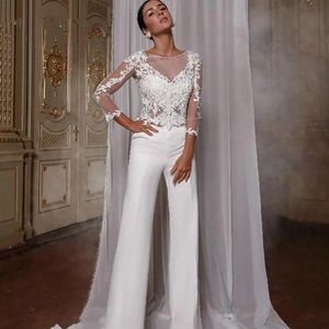 Bit elegant två byxdräkt bröllopsklänning boho spets applikation golvlängd satin strand jumpsuits brudklänningar långa ärmar mantel de soire mariage formella klänningar es