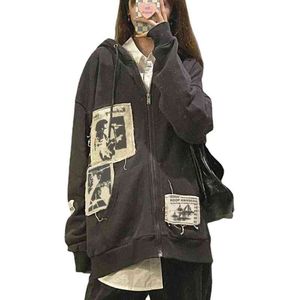 Women's Hoodie, Brown Graffiti Print, Vintage Top, Kawai Style, Y2k, Autumn Jacket