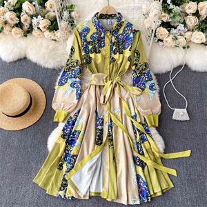 Mulheres Vintage Imprimir MIDI Dress Design Camisa Camisa Elegante Lapela Collar Manga Completa Belted Boho Party 210603