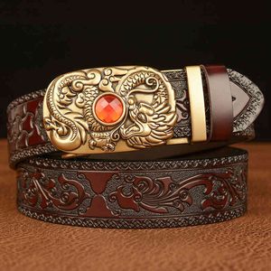 Waist Belt s Buckles National Style Tang Grass Pattern Carved Men's Genuine Cow Leather Personality Dragon Spitting Pearl Automatic Buckle Trouser