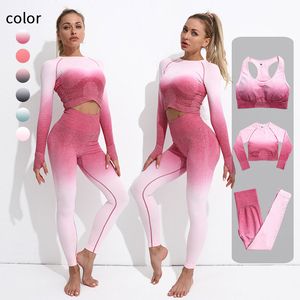 Kvinnor Seamless Yoga Outfits Fitness Kläder Gradient Sport Bra Gym Kassar Långärmad Beskära Top Shirts Hög midja Running Leggings Workout Sets