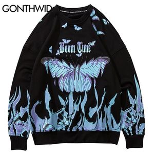Fire Gonthwid Flame Butterfly Print Pullover Sweatshirts Hoodies Haruku Hip Hop Casual O-Neck Sweatshirt Men mode TOPS 20102020