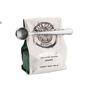 Rostfritt stål Ground Kaffe Tea Verktyg Mätningssked Sked med väska Tätning Klippkök Metallskedar RRE13339