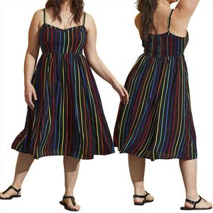 Modig plusstorlek Damkläder Sexiga Ärmlös Suspenders Personlighet Striped Print Sommar Temperament Klänning 211116