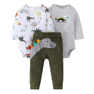 Baby Boy Roupas Conjuntos 3pcs Bodysuits + Calças Impressão de Algodão Outono de Manga Longa Dos Desenhos Animados Meninos Bebê Conjuntos de Vestidos de Inverno O-Pescoço 210309