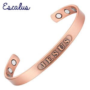 Escalus Jesus Letters Antik Pure Copper Bangle För Kvinnor Kraftfullt Magnetiska Män Charm Bangles Smycken Armband Armband Q0717
