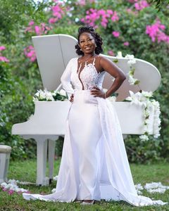 2022 Luxury Crystals Beaded African White Mermaid Wedding Dresses Bridal Gowns Detachable Train Long Arabic One Shoulder Sleeve Bride Formal Dress