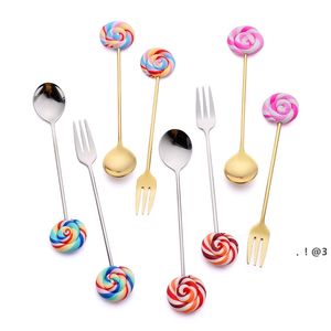 NEWCute Lollipop Stainless Steel Spoon Fork Coffee Ice Cream Candy Dessert Flatware Baby Kids Dinnerware Tableware Kitchen Tools EWB7040