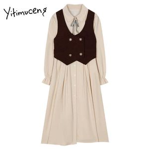 Sukienki Yitimuceng dla kobiet Sukienka A Line Jesień Wiosna Vintage Odzież Francuski Pojedynczy Breasted Rękaw Office Lady