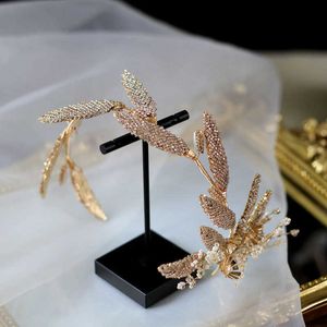 Bride Elegant crystal Hairband earrings Gold Retro Leaves Head piece Luxury Wedding hair Accessories X0726