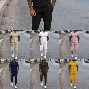 Moda Solid Mens Odzież 2021 Lato 2-częściowy zestaw Mężczyźni Turn-Down Collar Zipper Topy i Spodnie sznurkowe Outfit Casual Garnitury 3XL X0610
