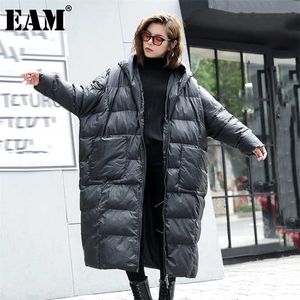 [EAM]特大の長いフード付きコットンパッド入りコートロングスリーブルーズフィット女性パーカーファッション秋冬JD1210 211007