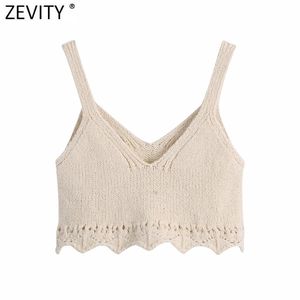 Zevity Women Fashion V Neck Jacquard Crochet Knitting Sweater Female Basic Spaghetti Strap Wave Short Vest Chic Crop Tops SW812 210915