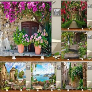Flowers Scenery Waterproof Shower Curtains Rural Street Flowers Bathroom Curtains Polyester Fabric Washable Decor Bath Curtains 211115