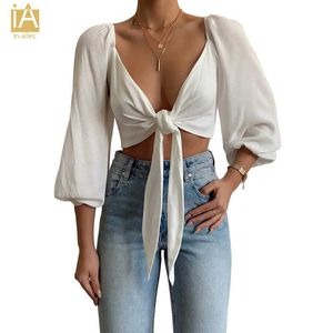 Women Sexy Tops Bow Sashes V Neck Crop Top Sleeveless Half Sleeve Cropped Backless Cropped Feminino Top X0628