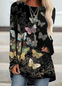 2021 Wiosna Jesień Casual Plus Size Kobiety Długa Koszulka Eleganckie Motyle Drukuj Loose Wentop Femme Tees Koszula X0628