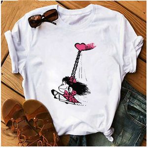 Aowof Funny Peace Mafalda eller jag vill ha kaffe T-shirt Kvinnor Grafisk Skriv ut T-shirt Harajuku Casual T-shirt Dam Top X0527