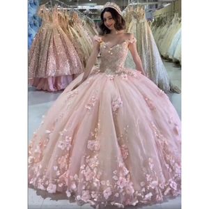 Sweet 16 Dresses Quinceanera Dress 3D Floral Beaded Lace Off The Shoulder Lace-up Corset Top Blush Vestidos de quinceañera