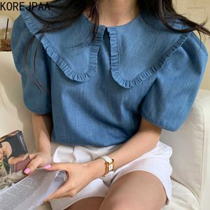 Korejpaa Kadınlar Gömlek Yaz Kore Chic Bayanlar Retro Niş Büyük Yaka Gevşek Puf Kollu Yıkanmış Mavi Denim Ahşap Kulaklar Bluz 210526