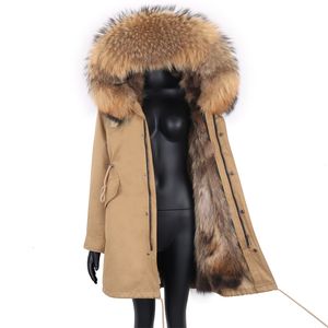 Płaszcz zimowy Długie Wodoodporne Parki Prawdziwe Futro Kobiety Kurtka Duży Futro Collar Fluffy Fur Liner Tkaniny Moda 211007