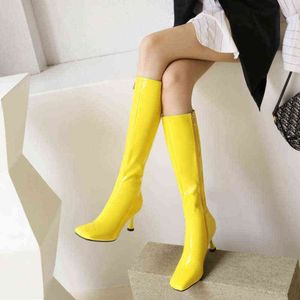 Boot Winter Knee High Boots Women Fashion Patent Leather Thin Heels Plus Wram Long Female Sexy Orange Black Footwear 1211