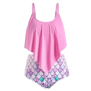 Plus Size Rüschen Meerjungfrau Tankini Bademode Sommer Sexy Hohe Taille Druck Frauen Bikinis Set Strand Schwimmen Badeanzug 210629