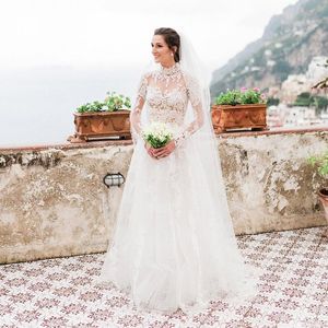 Sexy See Through Ivory Wedding Dresses High Neck Illusion Long Sleeve Appliques Floral Lace Country Boho Bridal Gowns Custom Made Beach