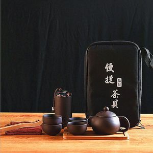手作りの中華/日本のヴィンテージkungfu Gongfuティーセット - 陶土のティーポット6ティーカップの竹茶トレイ携帯旅行バッグ