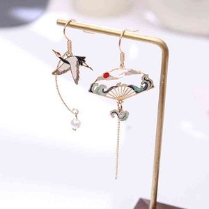 Chinese Style Folding Fan Crane Cloud Hanging Dangle National Earring Women Asymmetric Fish Cat Rabbit Bird Animal Drop Earrings G220312