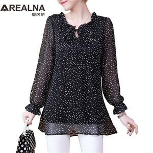 Kimono Plus Size 5XL Camicetta in chiffon a pois da donna Abbigliamento a maniche lunghe Moda coreana 2021 Camicia a tunica da donna con cravatta frontale Top 210303