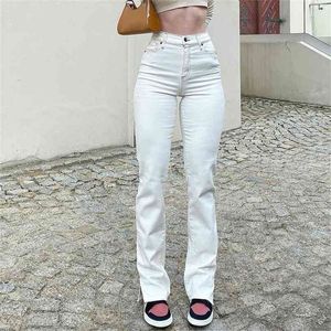 Сплошной цвет белый Y2K мода ретро улица полноценные брюки брюки брюки прорези тенденция высокой талии тонкие джинсы 210915
