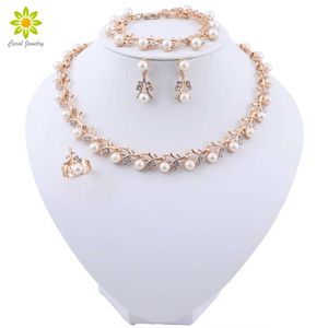 Luxury Gold Color Necklace Earring Sets Imitation Pearl Jewelry Sets for Brides Gift for Women Wedding Party Indian Jewellery H1022