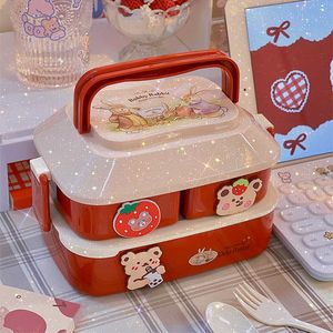 WG Kawaii Lunchkasse Dubbelstudent Bento Mikrovågsugn ES Matlagring med oberoende bestick för camping 210925