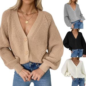 Women's Jackets 2021 Womens Jacket Solid Color Cardigan Female Puff Sleeve V-neck Knitwear Autumn And Winter Top