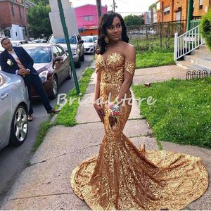 Bling Bling Gold Prom Dresses na czarne dziewczyny Glitter Cekiny Syrenka Afryki Suknie Wieczorowe 2022 Długie rękaw Formalna sukienka z pociągiem Plus Size Special Vestio