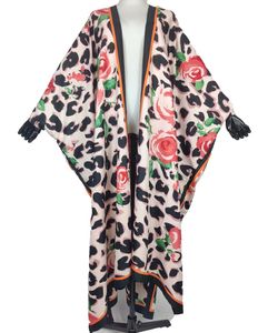 Etnisk Kläder Mode Leopard Tryckt Silk Long Cardigan Kvinnors Dammsorg Casual Bohemian Beach Swimwear Kaftan Kimonos för Lady