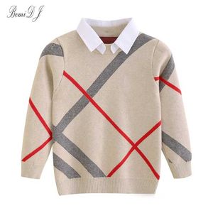 Boys Autumn Winter Plaid Kids Cotton Sweater 2-9 years old Children's Pullover Brand Embroidery knitted Girls O-Neck 211028