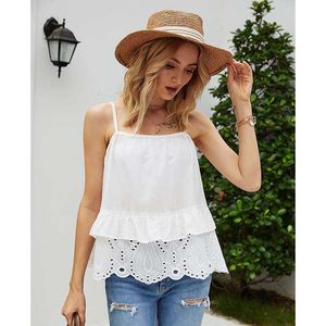 Elegant Vit Sommar Tank Top Casual Loose Spaghetti Strap Hollow Out Ruffles Ladies Toppar W885 210526