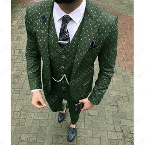 (Blazer + Pantolon + Yelek) Ordu Yeşil Noktalar Erkekler Takım Elbise Slim Fit Düğün Giyim İş Erkek Mor Suit Zarif Kostüm Mariage Homme XS-5XL X0909