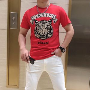 Tide Brand Tees Slim Fit Men's Wear Red Tiger Head Printing Hot Rhinestone Male Short Sleeve T-shirt 2022 Summer New Designer Man Clothing m-4xl