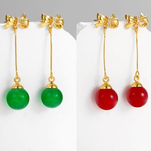 Runder Ball Rot / Grün Künstliche Edelstein Bogen Baumeln Ohrringe Frauen 18 Karat Gelbgold Gefüllt Langstil Hübsches Geschenk